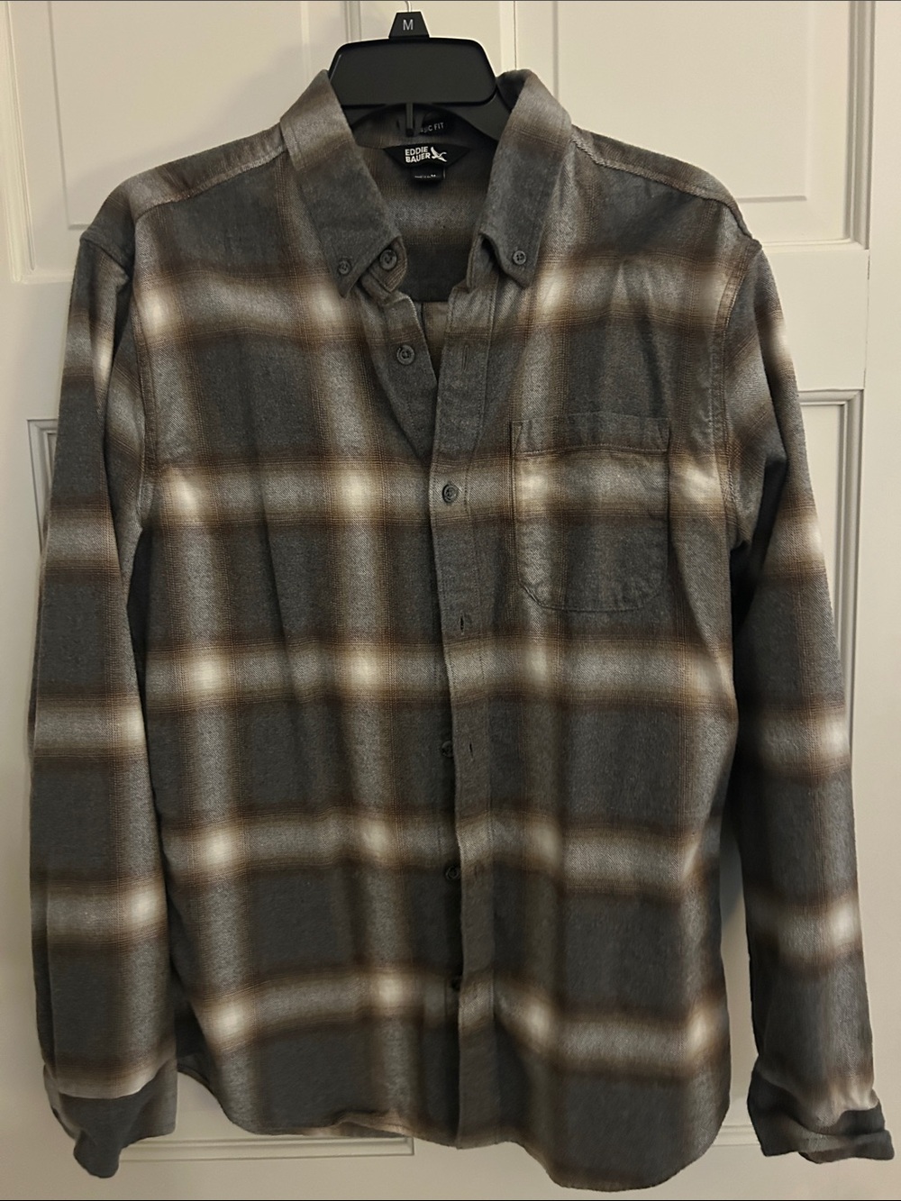 Eddie Bauer Gray and Brown Plaid Button-Down Shirt